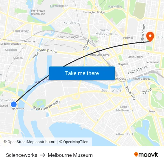 Scienceworks to Melbourne Museum map