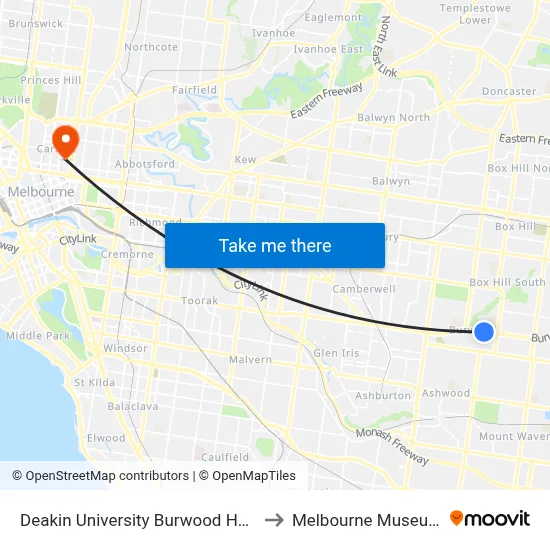 Deakin University Burwood Hwy to Melbourne Museum map