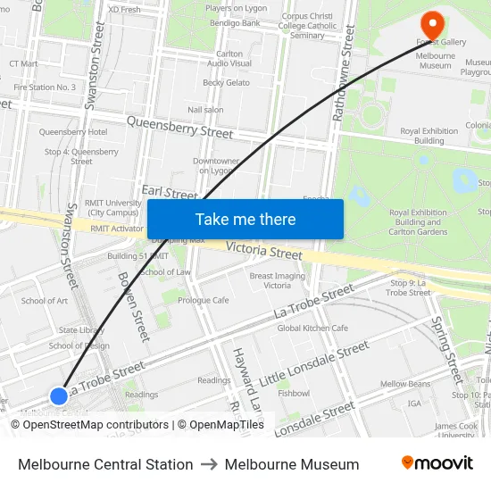 Melbourne Central Station to Melbourne Museum map