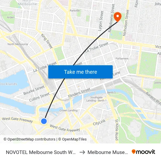 NOVOTEL Melbourne South Wharf to Melbourne Museum map