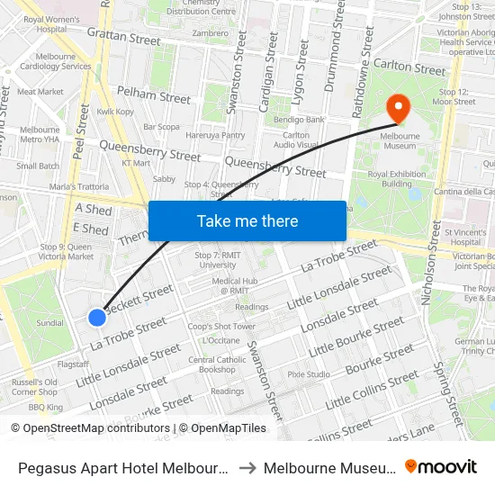 Pegasus Apart Hotel Melbourne to Melbourne Museum map