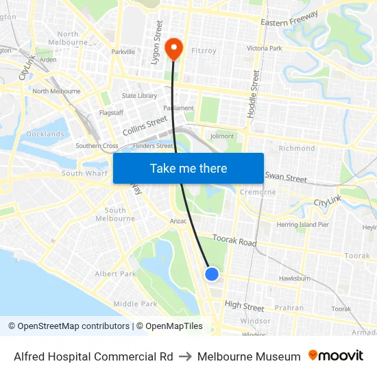 Alfred Hospital Commercial Rd to Melbourne Museum map