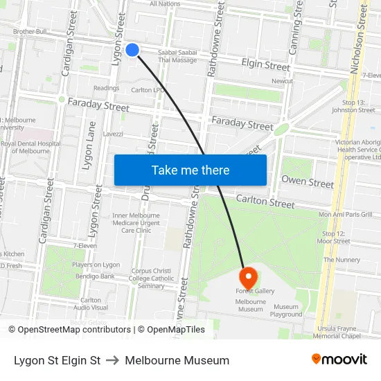 Lygon St Elgin St to Melbourne Museum map