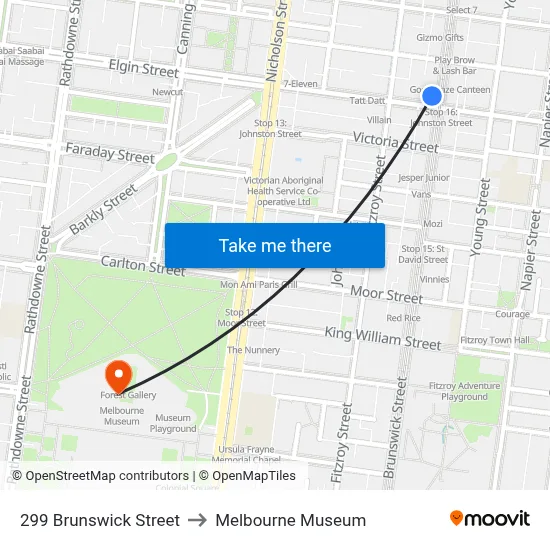 299 Brunswick Street to Melbourne Museum map