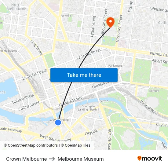 Crown Melbourne to Melbourne Museum map