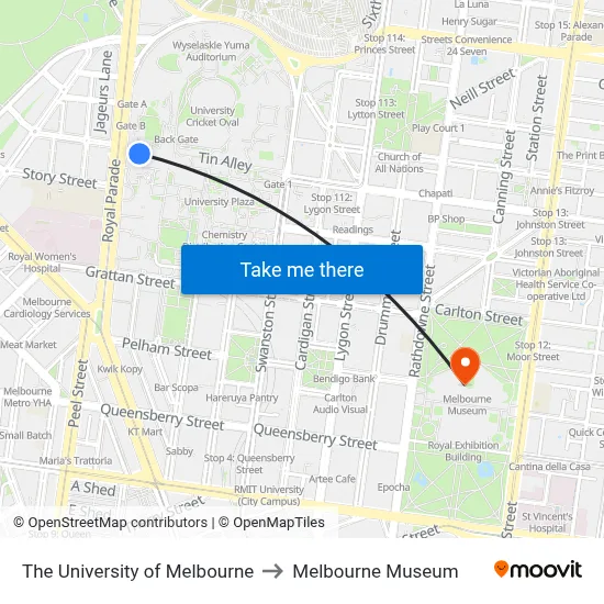 The University of Melbourne to Melbourne Museum map