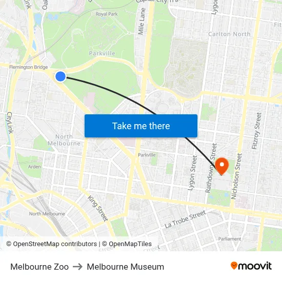 Melbourne Zoo to Melbourne Museum map