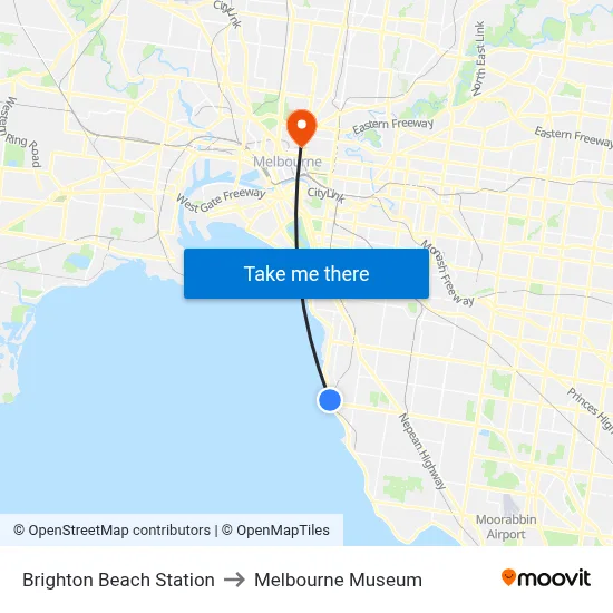 Brighton Beach Station to Melbourne Museum map