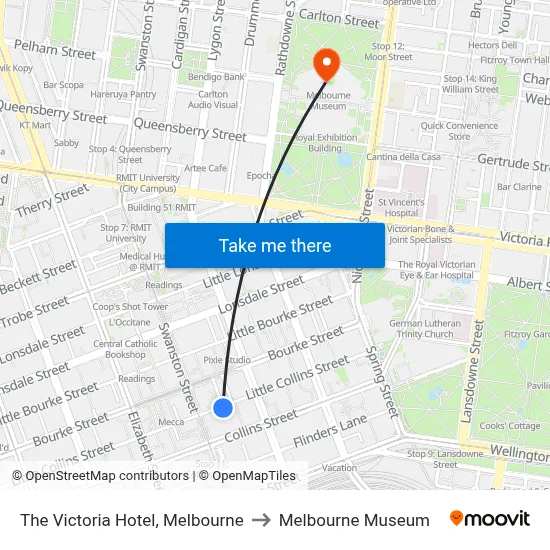 The Victoria Hotel, Melbourne to Melbourne Museum map