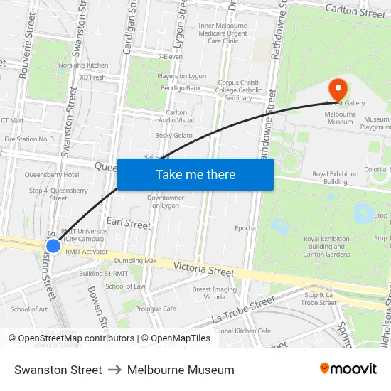 Swanston Street to Melbourne Museum map