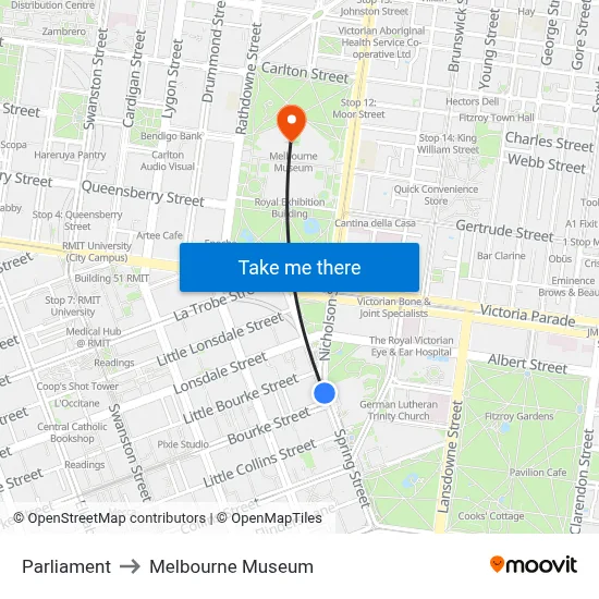 Parliament to Melbourne Museum map