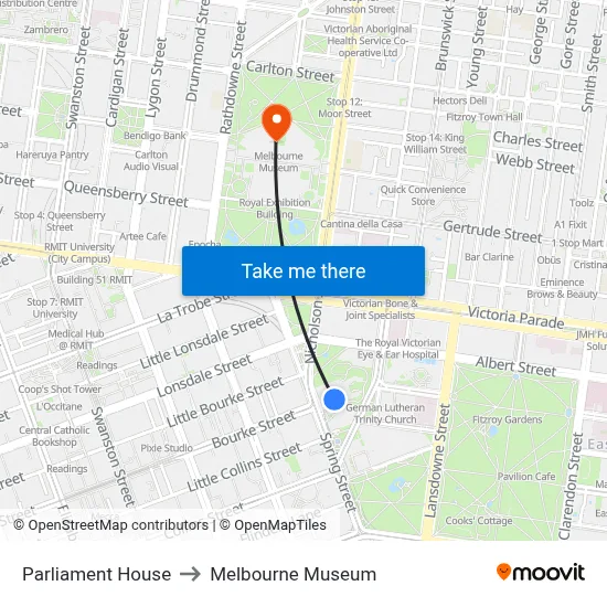 Parliament House to Melbourne Museum map