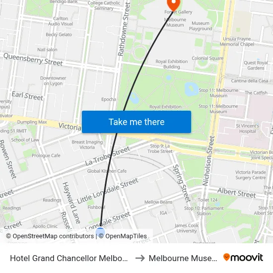 Hotel Grand Chancellor Melbourne to Melbourne Museum map