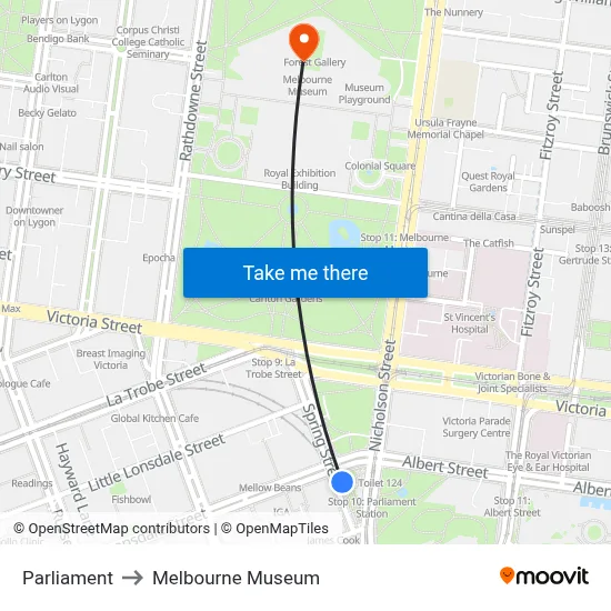 Parliament to Melbourne Museum map