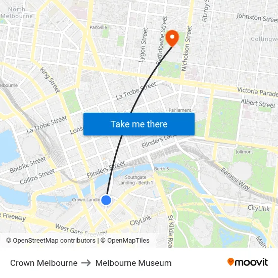 Crown Melbourne to Melbourne Museum map