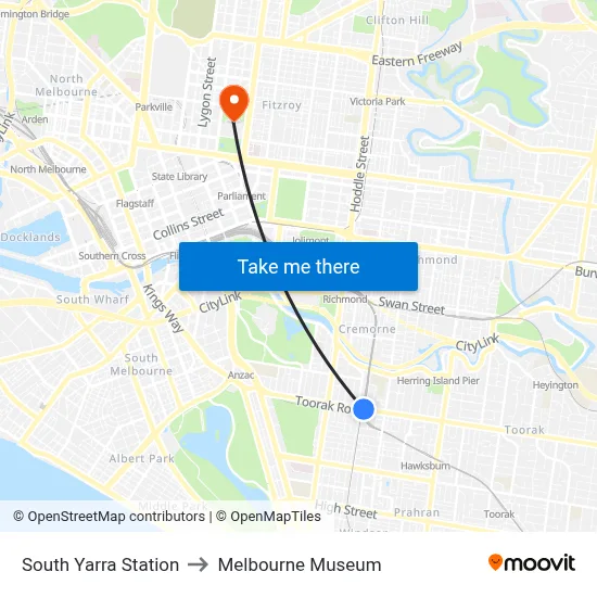 South Yarra Station to Melbourne Museum map