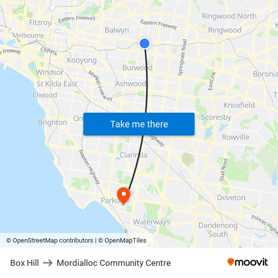 Box Hill to Mordialloc Community Centre map