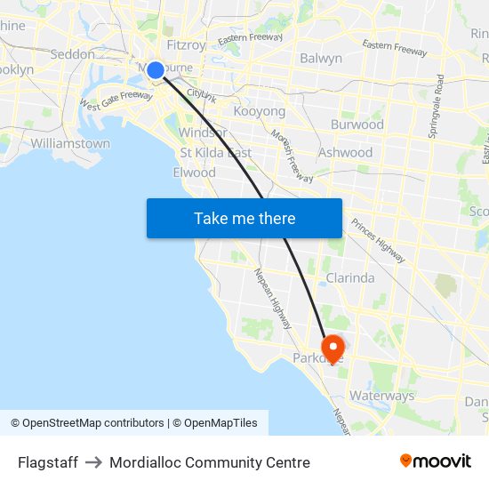 Flagstaff to Mordialloc Community Centre map