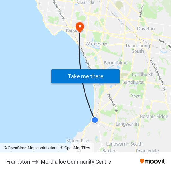 Frankston to Mordialloc Community Centre map