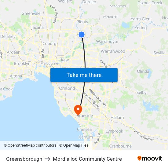 Greensborough to Mordialloc Community Centre map