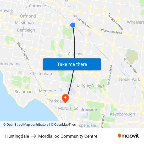 Huntingdale to Mordialloc Community Centre map