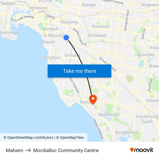 Malvern to Mordialloc Community Centre map