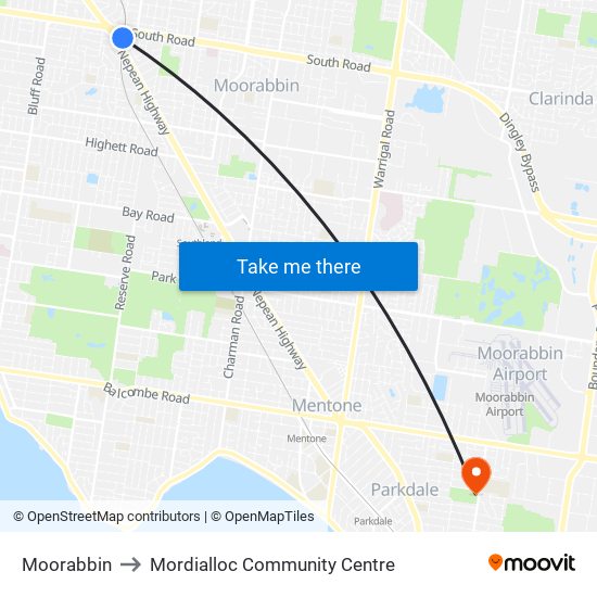 Moorabbin to Mordialloc Community Centre map