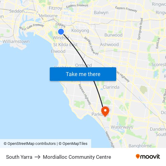 South Yarra to Mordialloc Community Centre map
