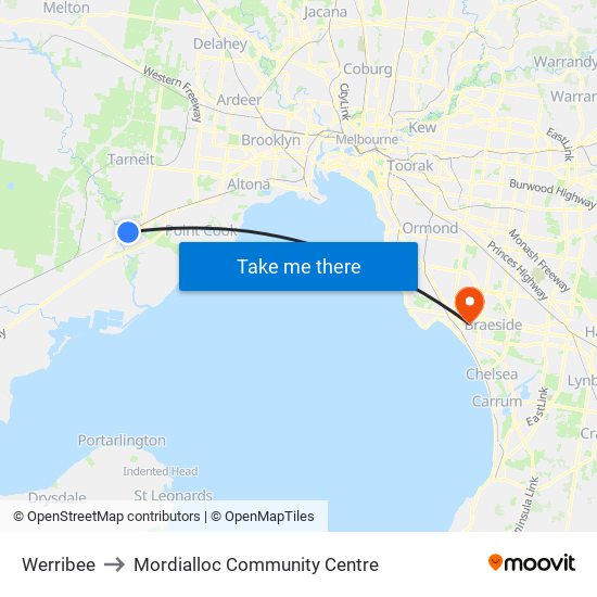 Werribee to Mordialloc Community Centre map