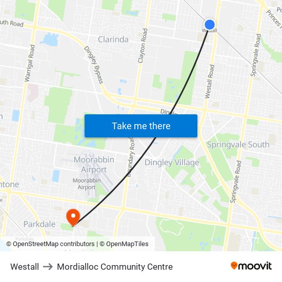 Westall to Mordialloc Community Centre map