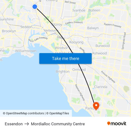 Essendon to Mordialloc Community Centre map