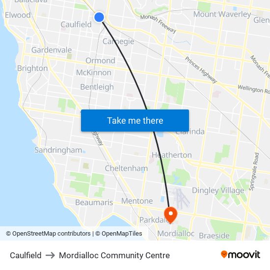 Caulfield to Mordialloc Community Centre map