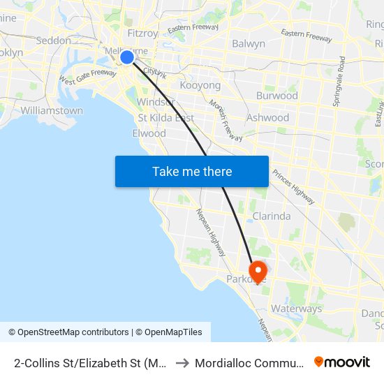 2-Collins St/Elizabeth St (Melbourne City) to Mordialloc Community Centre map