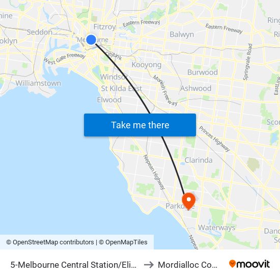 5-Melbourne Central Station/Elizabeth St (Melbourne City) to Mordialloc Community Centre map