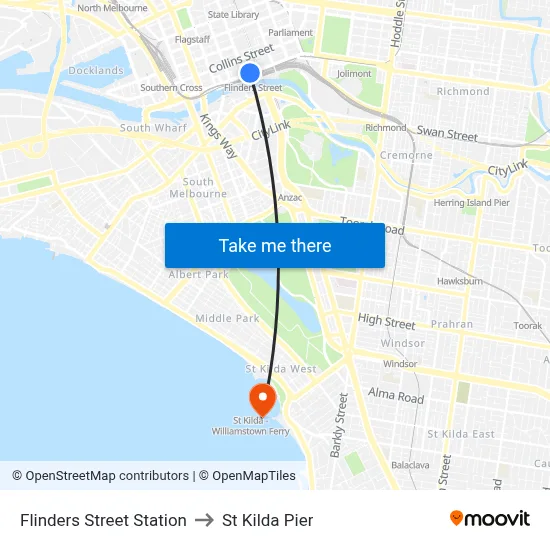 Flinders Street Station to St Kilda Pier map