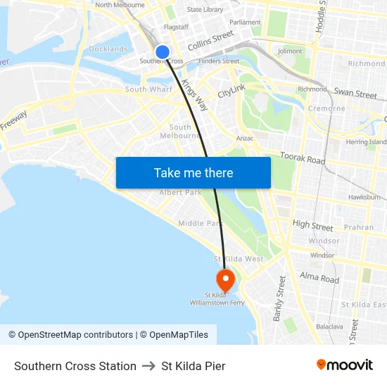 Southern Cross Station to St Kilda Pier map
