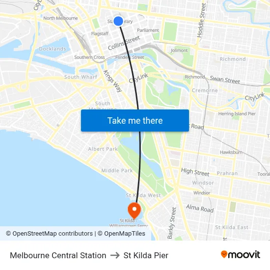 Melbourne Central Station to St Kilda Pier map