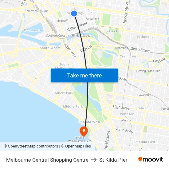Melbourne Central Shopping Centre to St Kilda Pier map