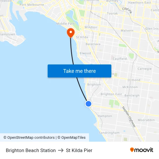 Brighton Beach Station to St Kilda Pier map