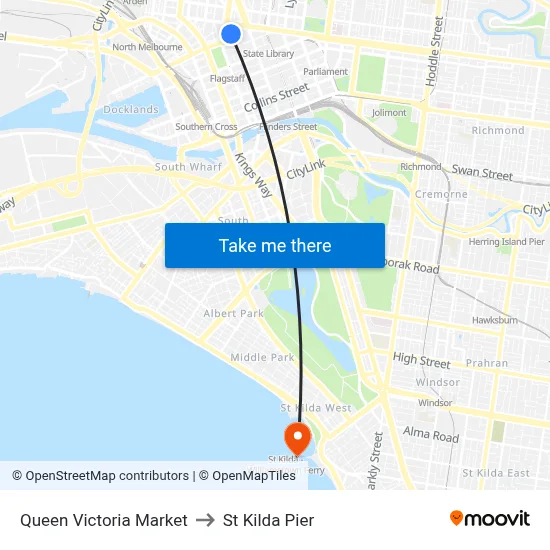 Queen Victoria Market to St Kilda Pier map