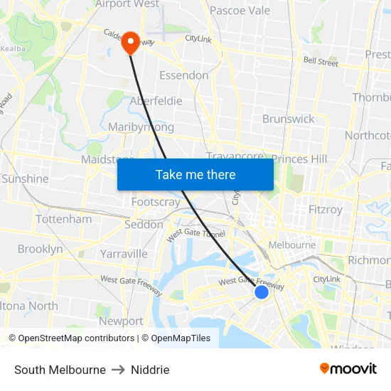 South Melbourne to Niddrie map