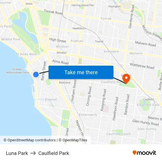 Luna Park to Caulfield Park map
