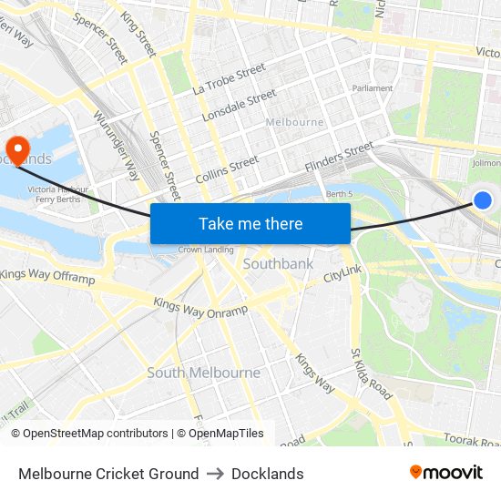 Melbourne Cricket Ground to Docklands map