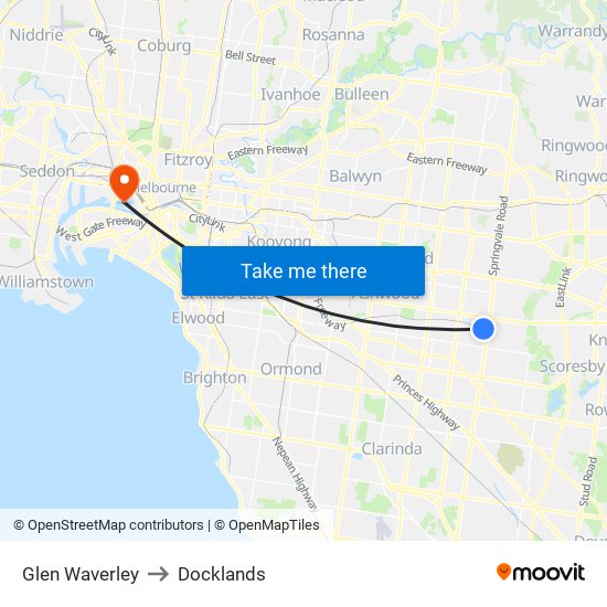 Glen Waverley to Docklands map