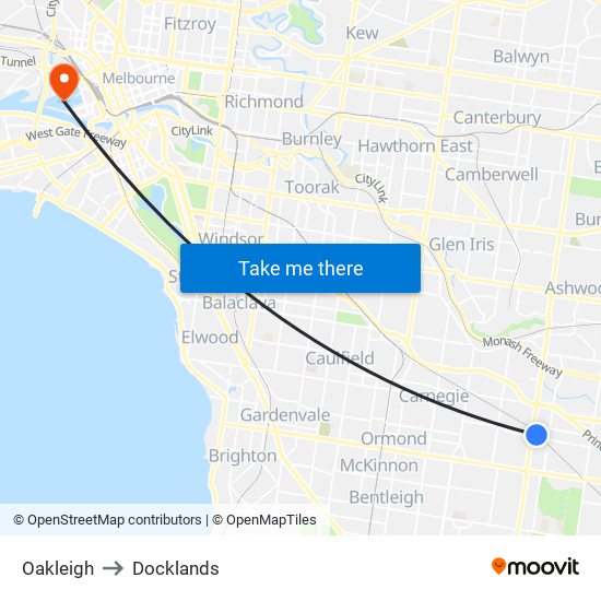 Oakleigh to Docklands map