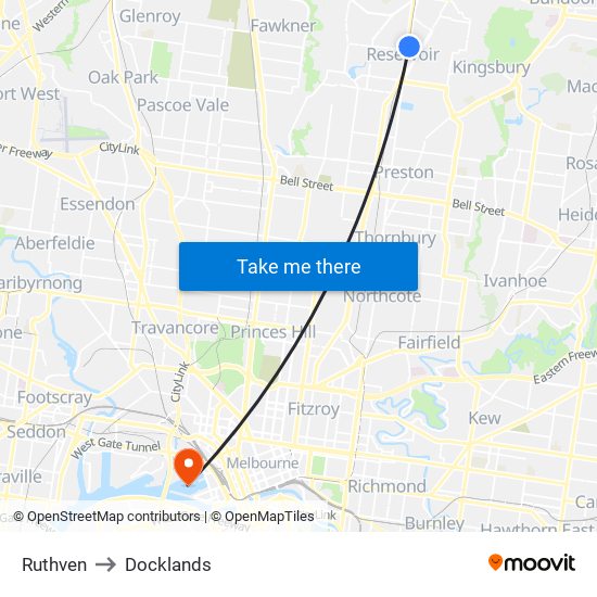 Ruthven to Docklands map