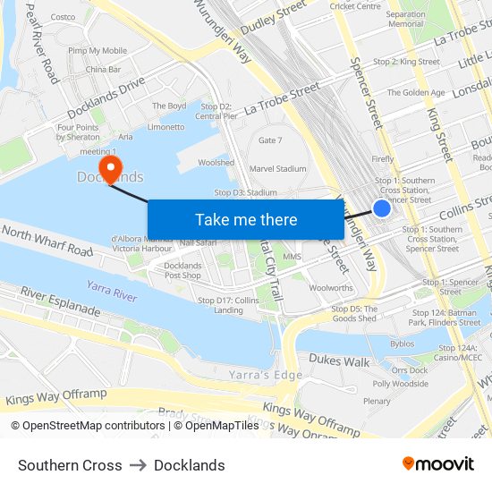 Southern Cross to Docklands map