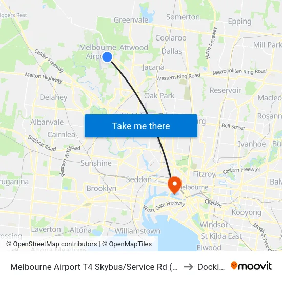 Melbourne Airport T4 Skybus/Service Rd to Docklands map