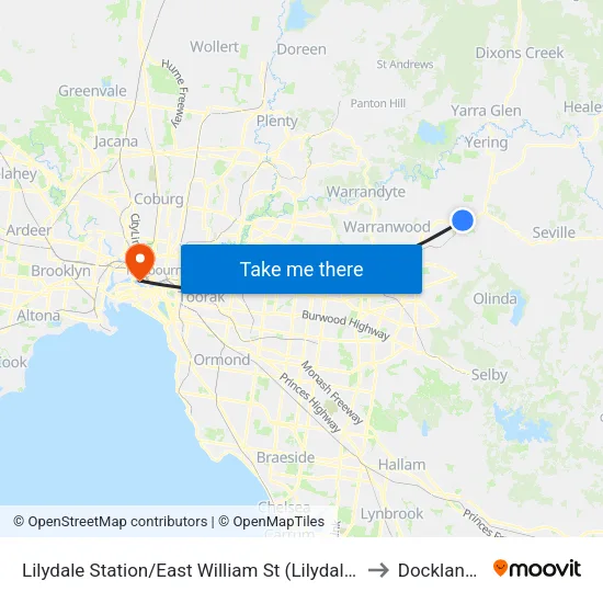 Lilydale Station/East William St to Docklands map
