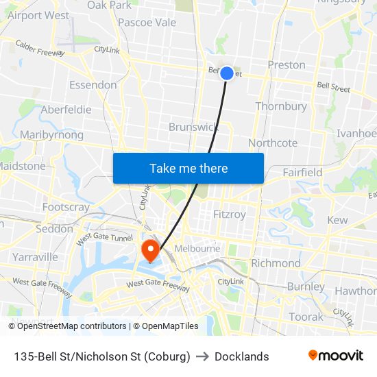 135-Bell St/Nicholson St (Coburg) to Docklands map